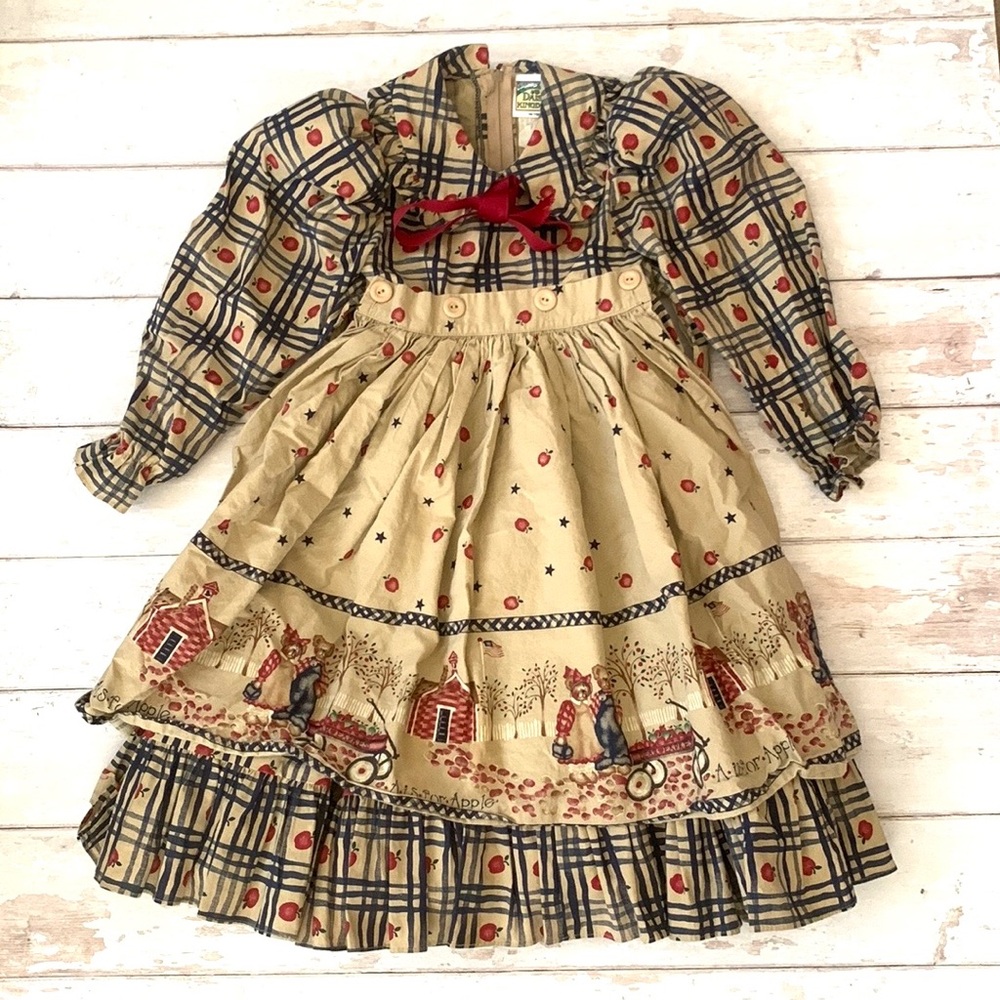 Daisy Kingdom Size 4 Girls Dress A is for Apple Long Sleeve Brown Checker 4T